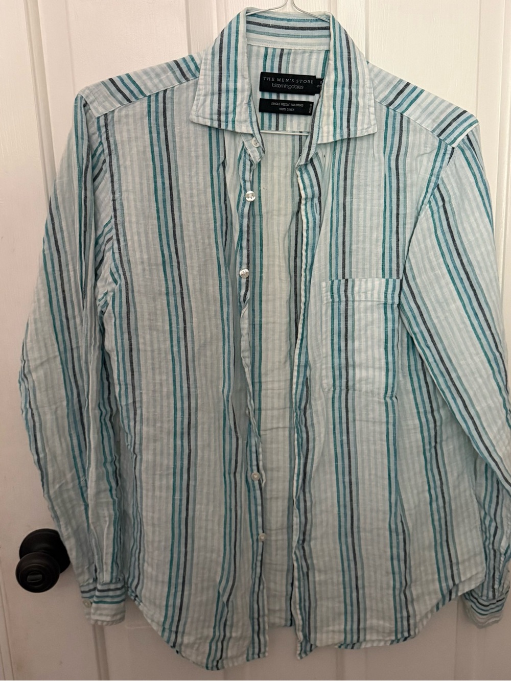 Bloomingdale's Men's Teal and Light Blue Striped Button-Down Shirt